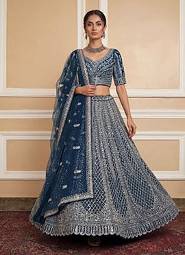 Teal Net Embroidered Sequins With Stone Work Lehenga