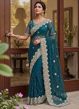 Teal Net Embroidered With Beads Work Saree