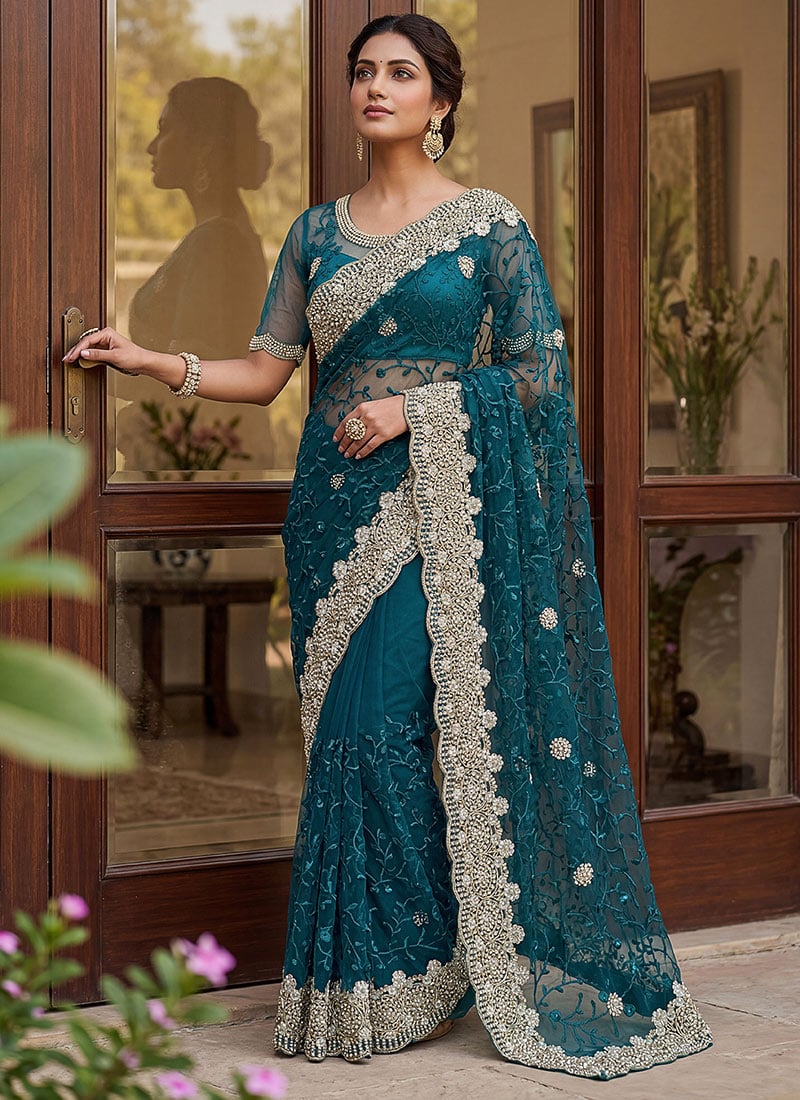 Teal Net Embroidered With Beads Work Saree After Six Wear