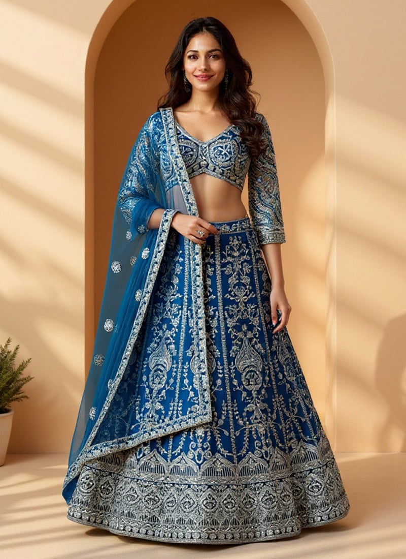 Teal Net Lehenga With Embroidery And Sequins Work Wedding Wear