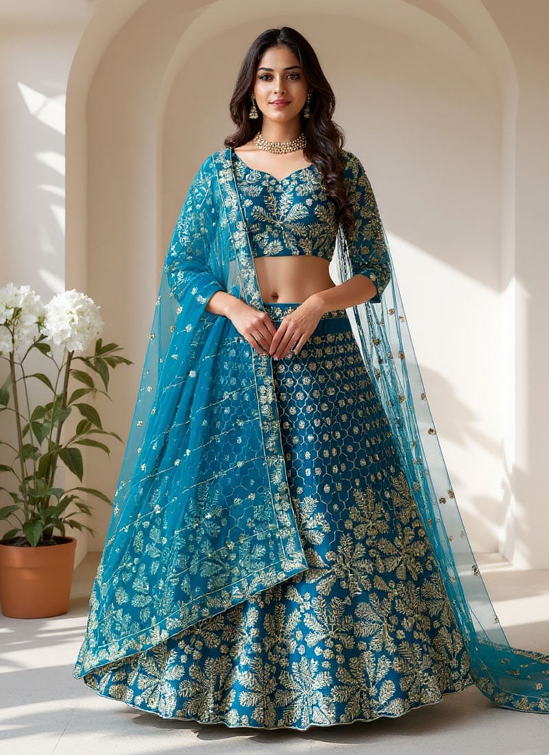 Teal Net Lehenga With Zari Embroidery And Sequins Work Wedding Wear