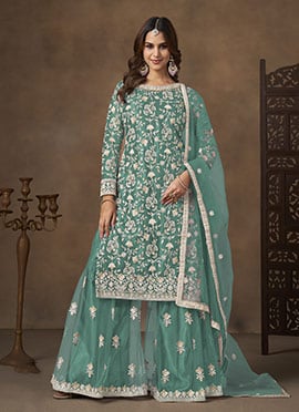 Teal Net Sequins Embroidered Palazzo Suit