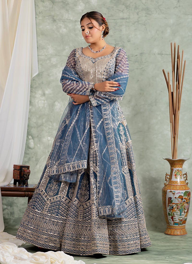 Teal Net Zari Embroidered Sequins Lehnenga