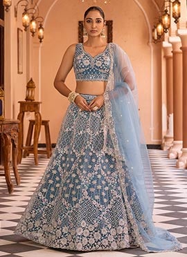 Teal Net Zari Embroidered Sequins With Stone Work Lehenga