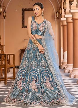 Teal Net Zari Embroidered Sequins With Stone Work Lehenga