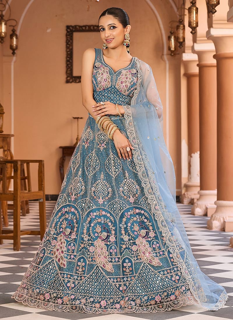 Teal Net Zari Embroidered Sequins With Stone Work Lehenga Wedding Wear