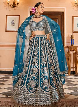 Teal Net Zari Embroidered Sequins With Stone Work Lehenga