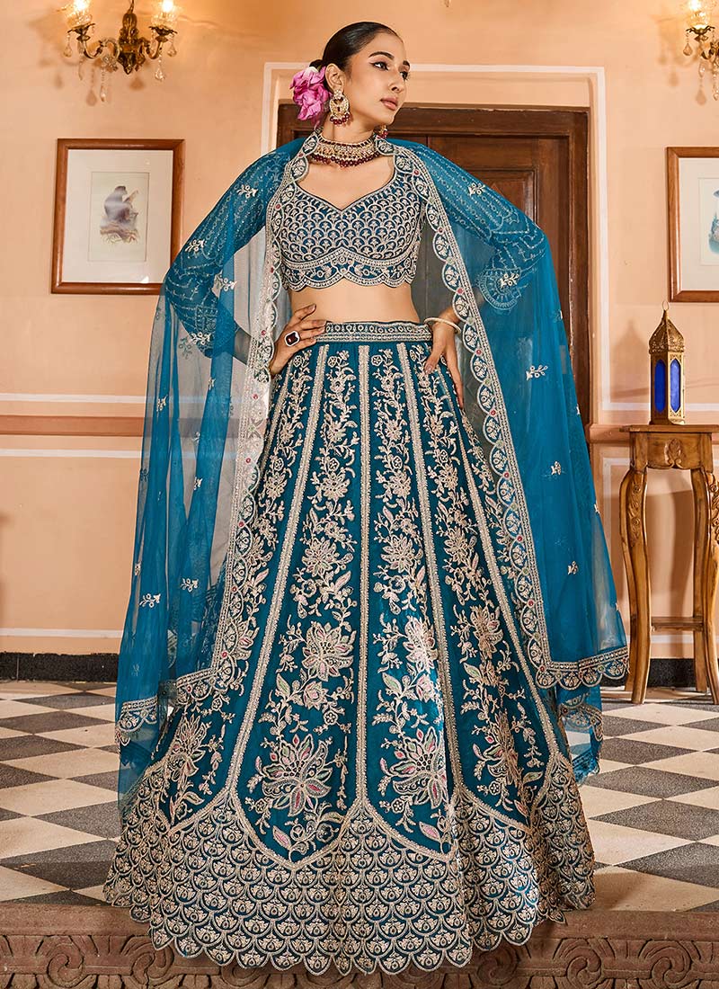 Teal Net Zari Embroidered Sequins With Stone Work Lehenga Wedding Wear