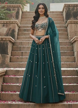 Teal Net Zari Hand Embroidered Sequins Lehenga