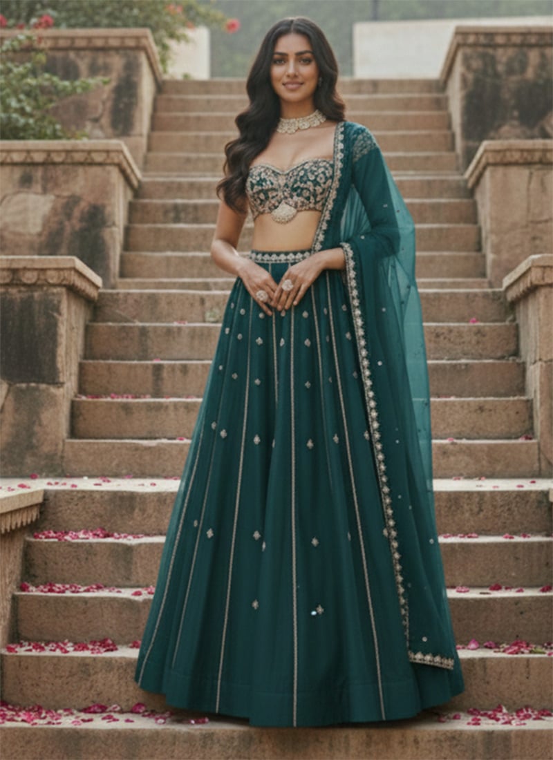 Teal Net Zari Hand Embroidered Sequins Lehenga Wedding Wear