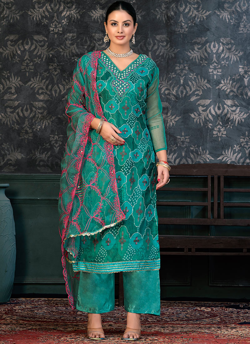 Shop Teal Organza Digital Print Pant Suit Festive Wear Online at Best