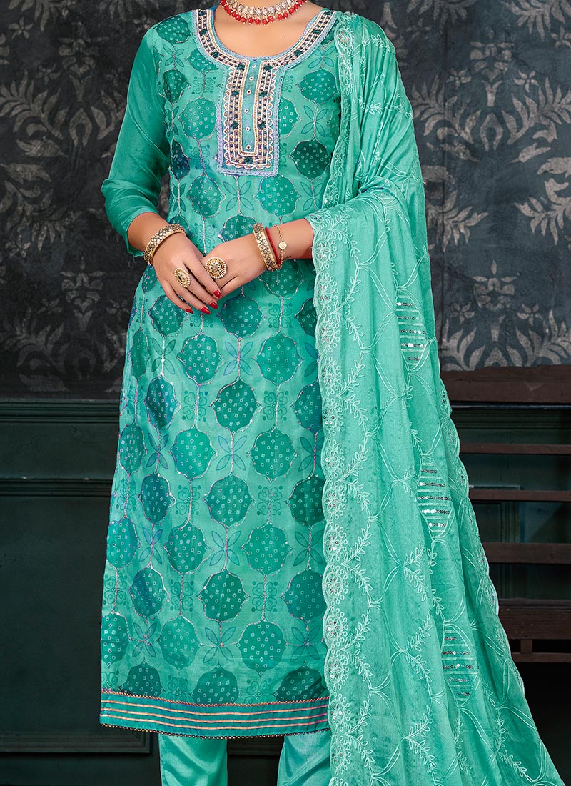 Teal Designer Readymade Pant Suit With Printed Embroidery Work
