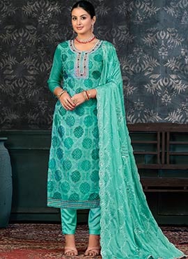 Teal Organza Embroidered And Printed Straight Pant Suit