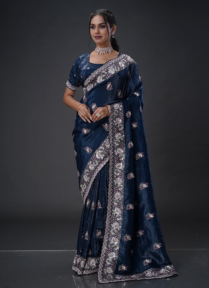 Teal Organza Hand Embroidered Sequins Beads With Stone Work Saree Wedding Wear-SASRFK1788