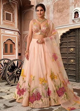 Peach Organza Resham Sequins Embroidered Digital Print Lehenga