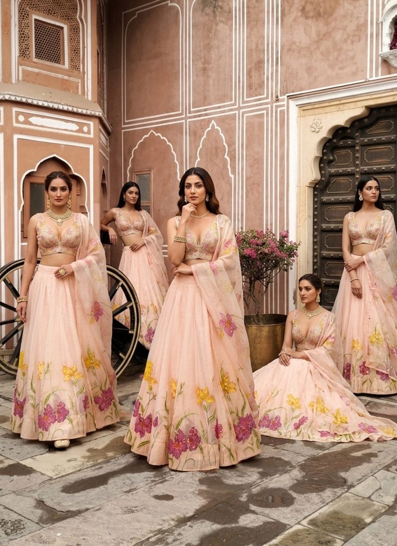 Peach Organza Resham Sequins Embroidered Digital Print Lehenga Wedding Wear