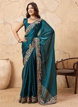 Teal Organza Sequins Embroidered Saree