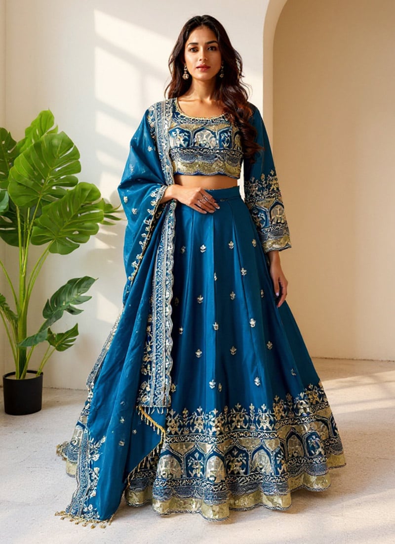Teal Organza Sequins Lehenga Wedding Wear