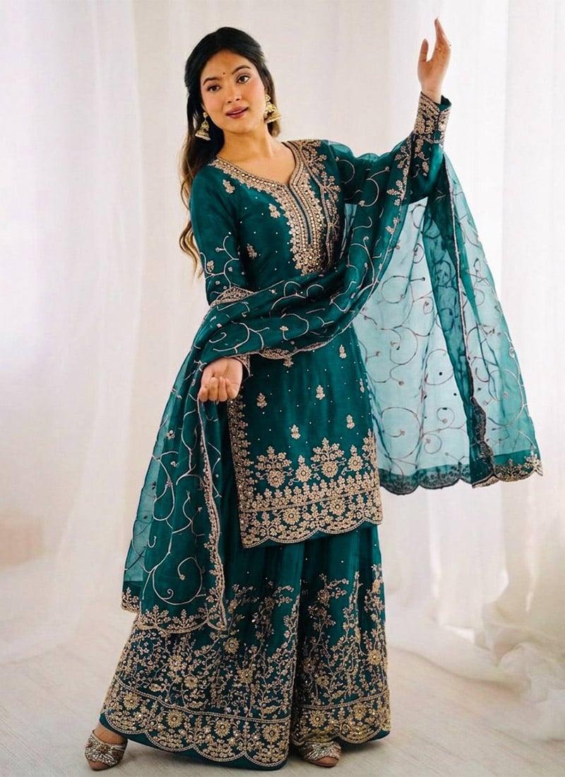 Teal Organza Silk Embroidered Sequins Sharara Suit Festive Wear