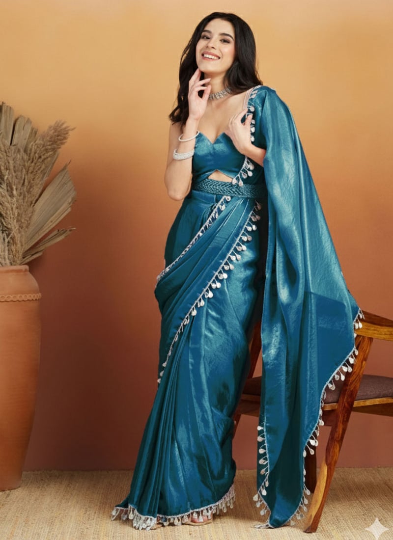 Teal Organza Teardrop Lace Border Saree After Six Wear