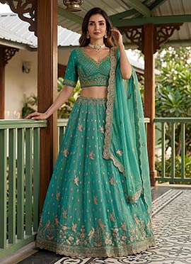 Teal Organza Tissue Zari Embroidered Sequins Stones Beads Work Lehenga