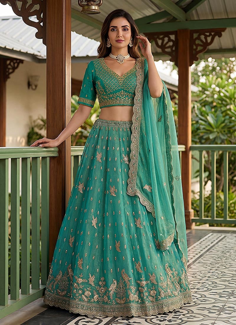 Teal Organza Tissue Zari Embroidered Sequins Stones Beads Work Lehenga Wedding Wear