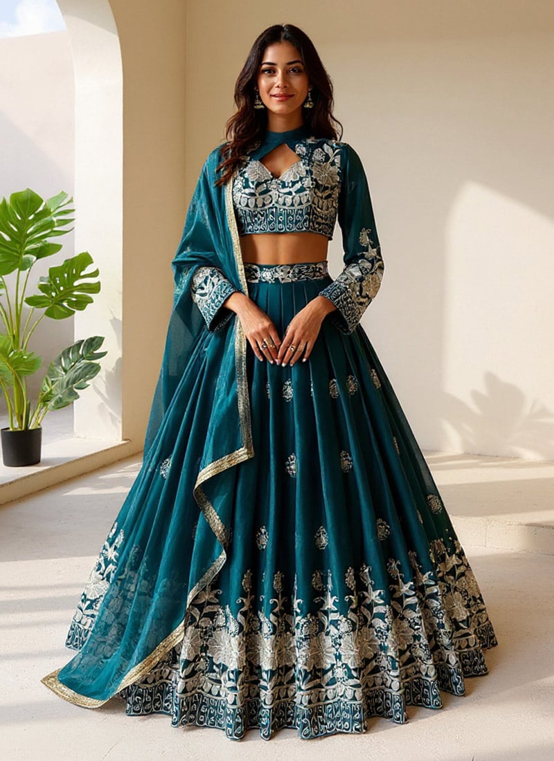 Teal Organza Zari Embroidered Lehenga Wedding Wear