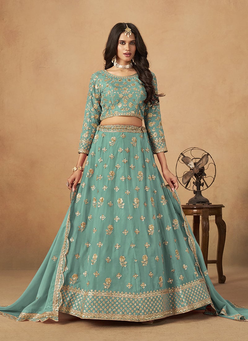 Teal Organza Zari Embroidered Sequins Lehenga Set Wedding Wear