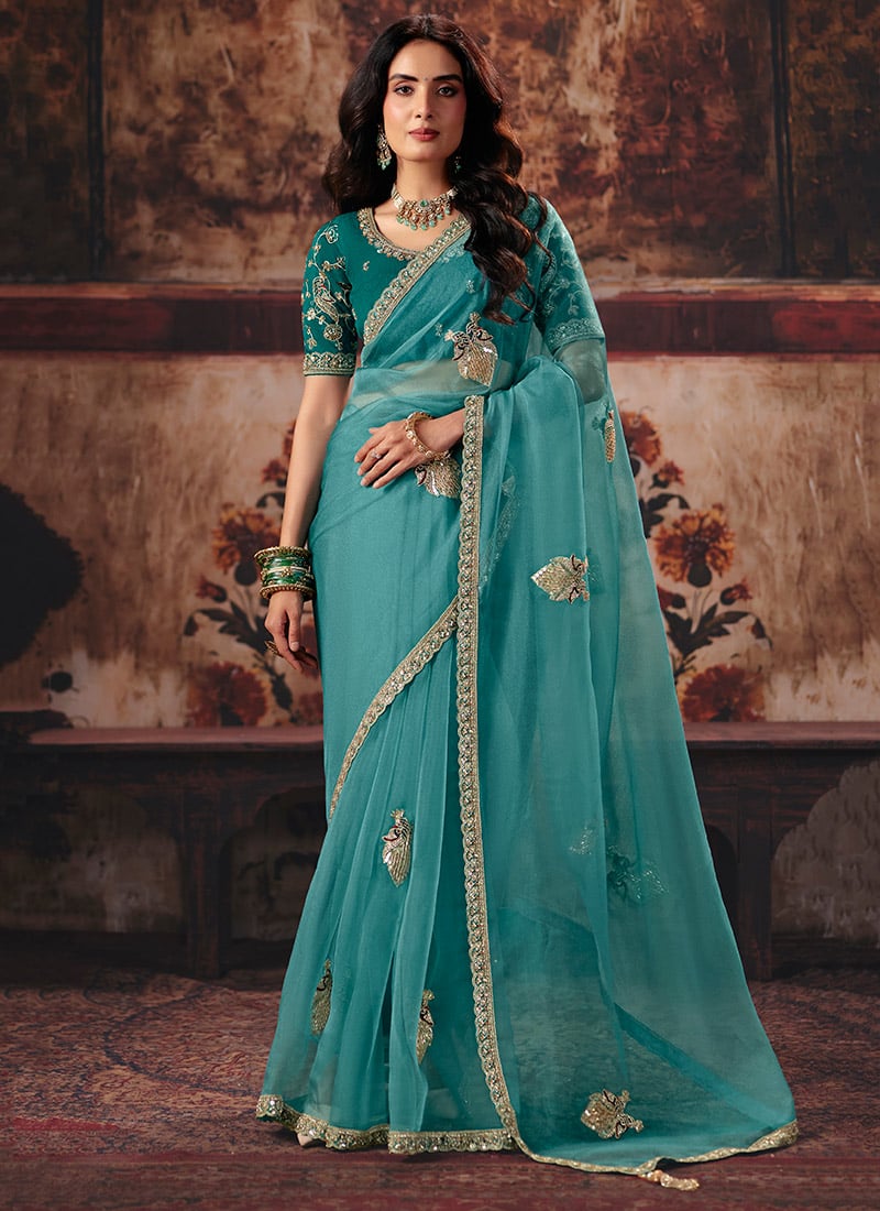 Teal Organza Zari Sequins Beads Embroidered Saree After Six Wear