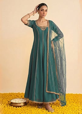 Teal Organza Zari Sequins Embroidered Anarkali Suit