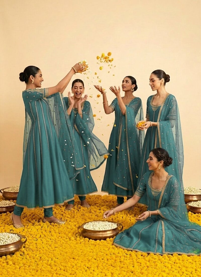 Teal Organza Zari Sequins Embroidered Anarkali Suit Festive Wear