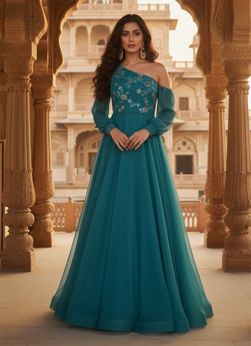 Teal Organza Zari Sequins One Shoulder Anarkali Gown After Six Wear