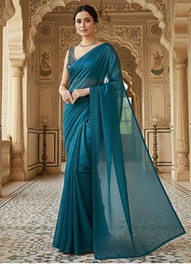 Teal Organza Zari Sequins Saree