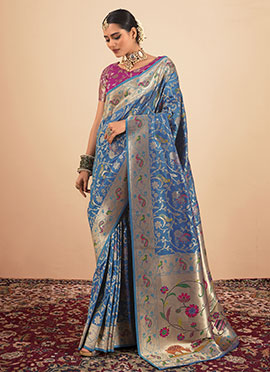 Teal Paithani Silk Hand Painted Zari Woven Saree