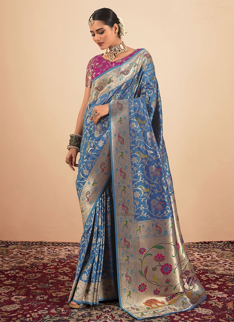 Teal Paithani Silk Hand Painted Zari Woven Saree Festive Wear