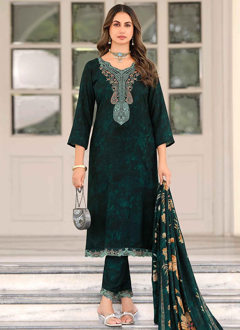 Teal Pashmina Embroidered Straight Pant Suit With Digital Print Dupatta After Six Wear