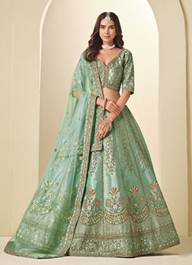 Teal Pink Silk Zari Embroidered Sequins Lehenga