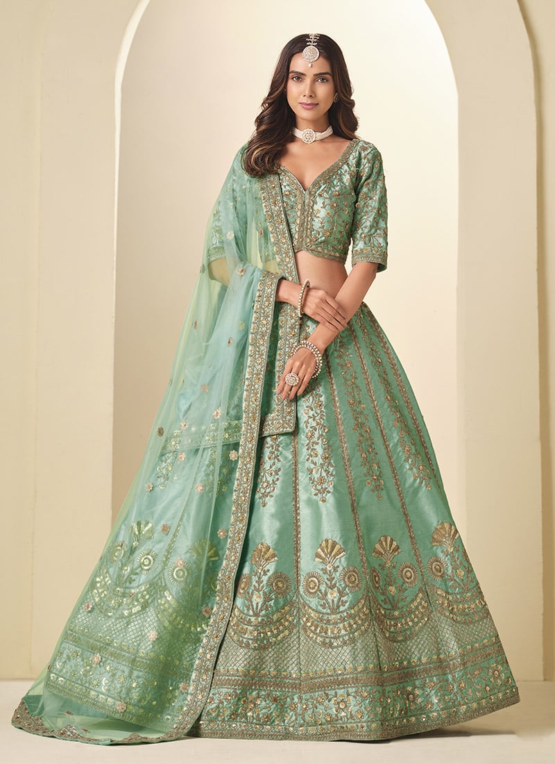 Teal Pink Silk Zari Embroidered Sequins Lehenga Wedding Wear