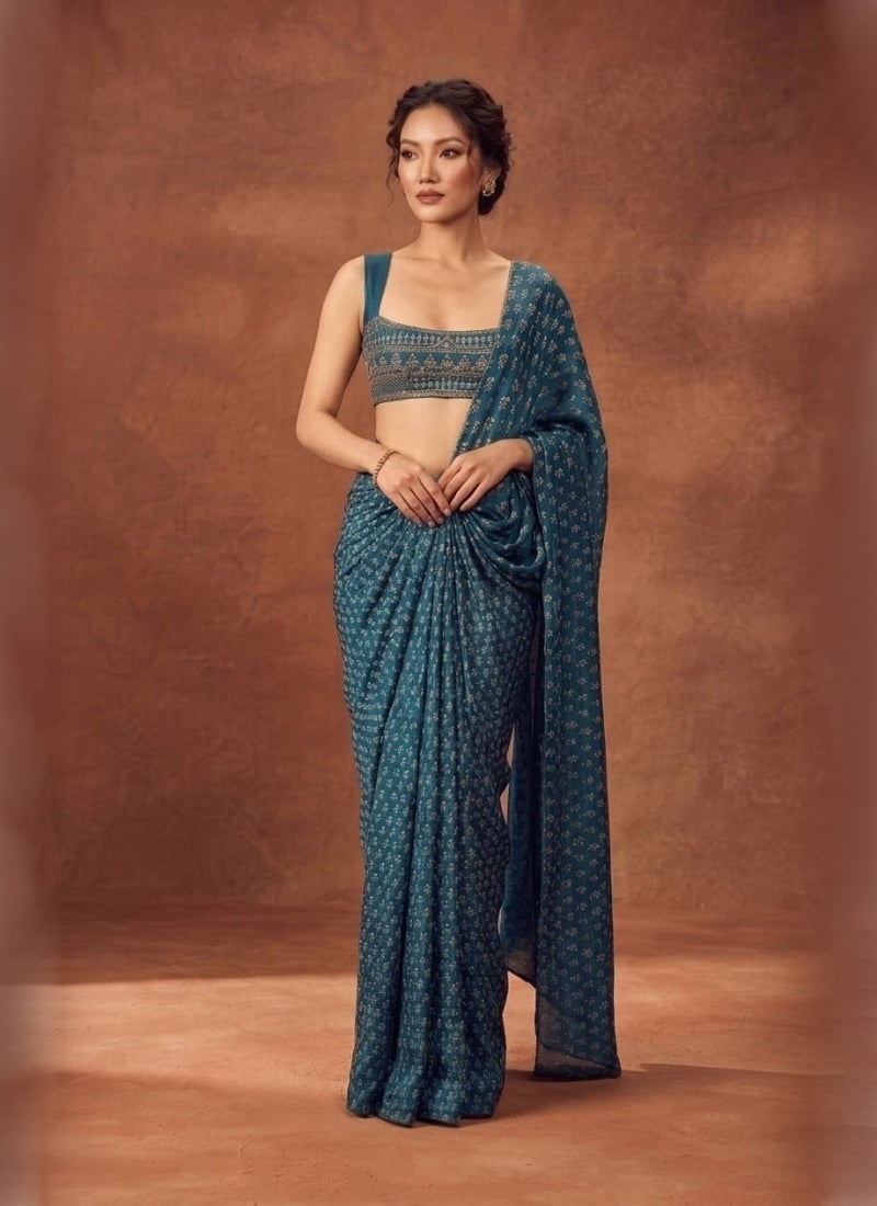 Teal Pre Draped Saree Digital Print Sequins Cutdana Hand Embroidered Chinon Silk Wedding Wear