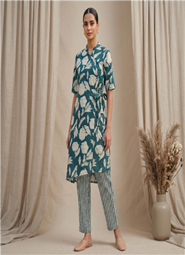 Teal Printed Cotton Wrap Style Kurta Set