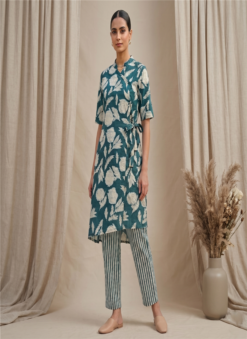 Teal Printed Cotton Wrap Style Kurta Set After Six Wear