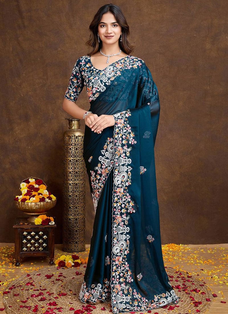 Teal Rangoli Silk Embroidered Sequins Saree Festive Wear