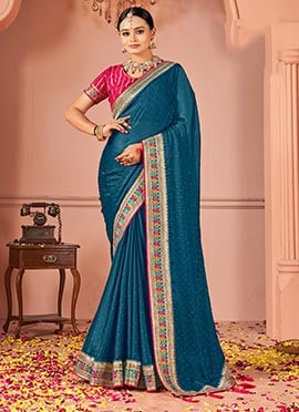 Teal Rangoli Silk Embroidered Sequins Zari Saree