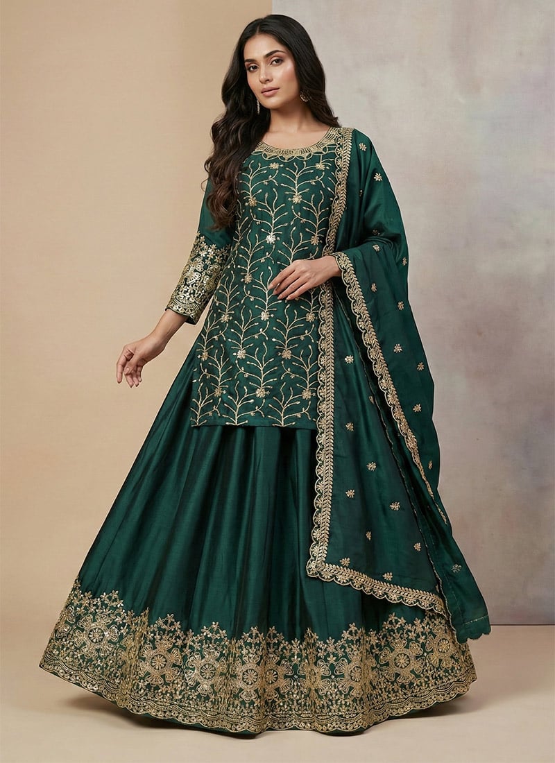 Teal Rangoli Silk Sequins Embroidered A Line Lehenga Wedding Wear