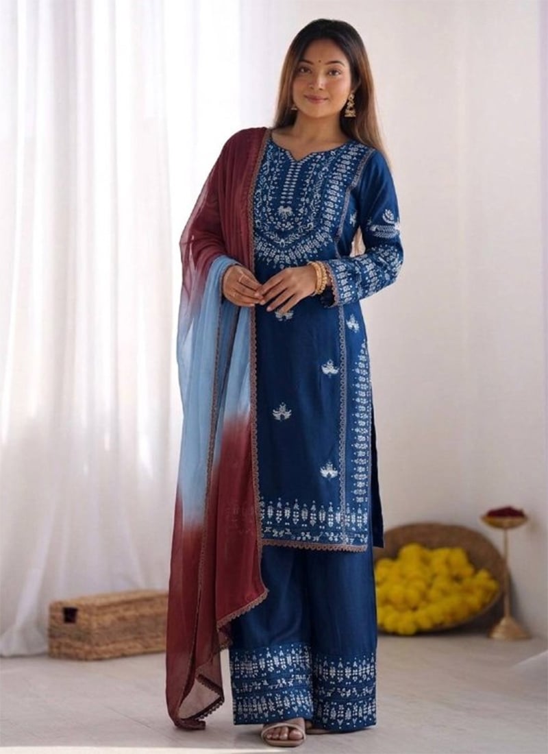 Teal Rayon Cotton Embroidered Palazzo Suit Festive Wear