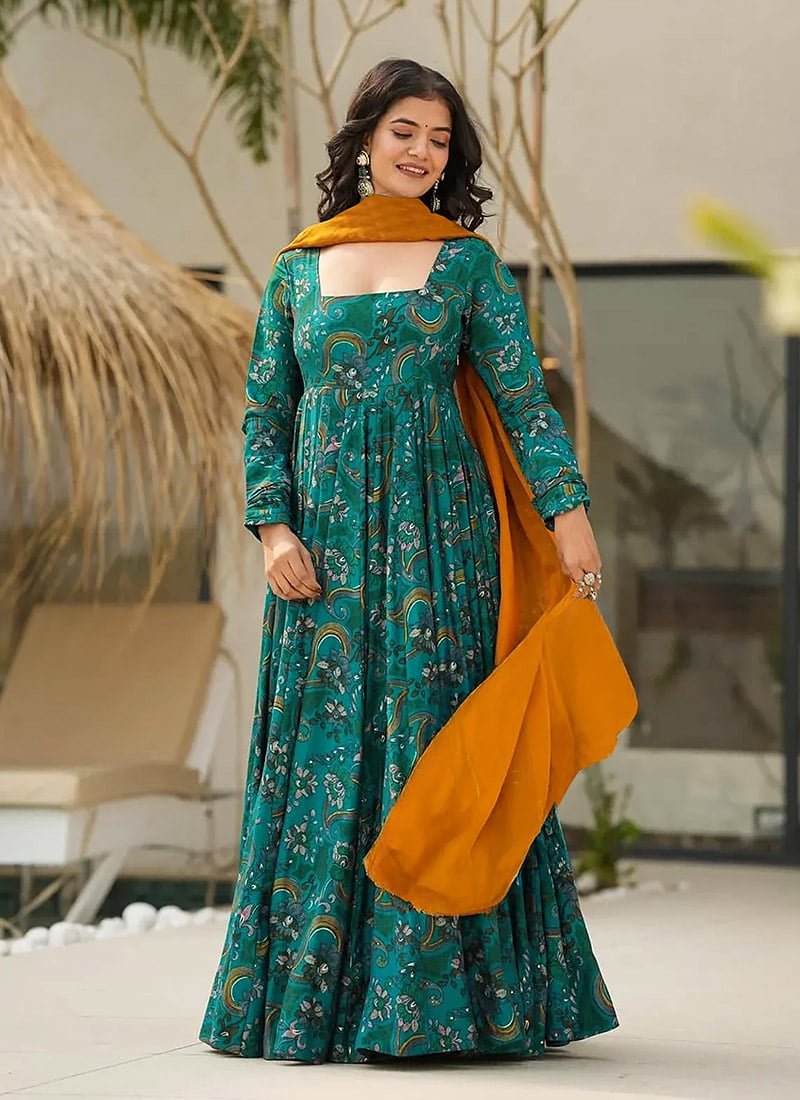 Teal Rayon Digital Print Anarkali Suit After Six Wear