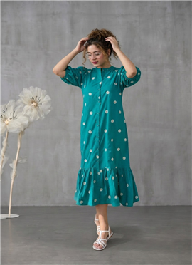 Teal Rayon Floral Embroidered Midi Dress