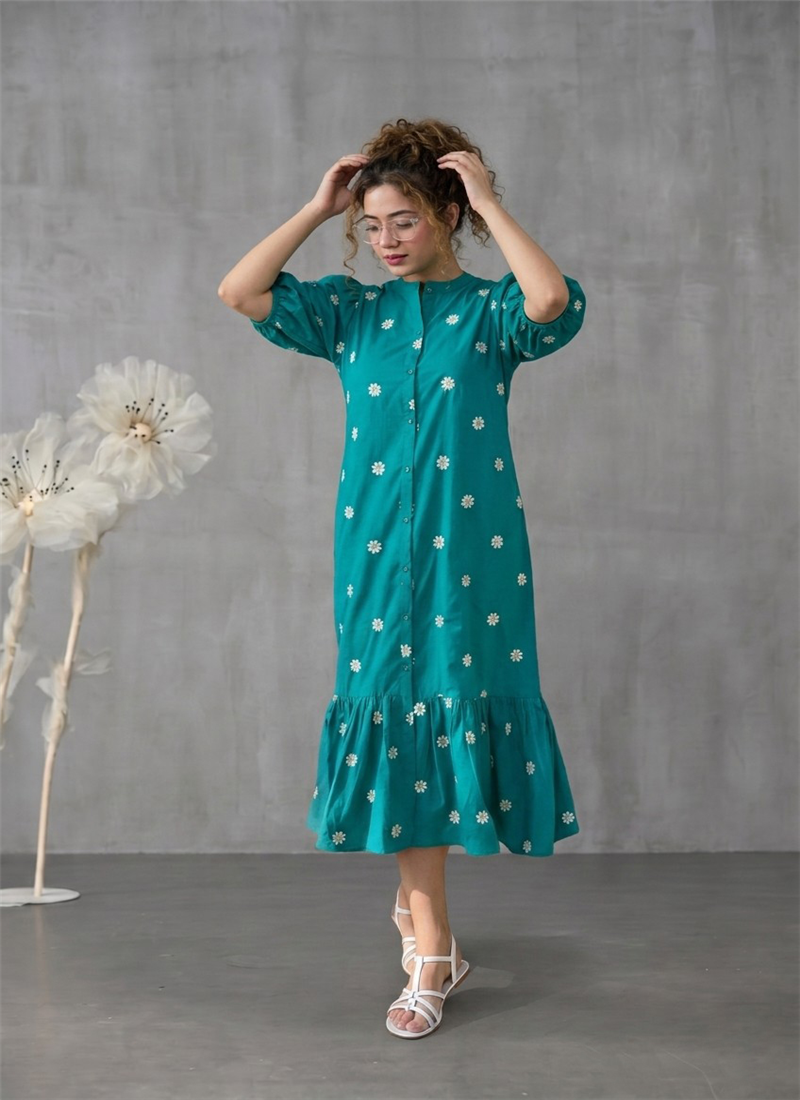 Teal Rayon Floral Embroidered Midi Dress After Six Wear