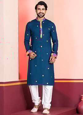 Teal Rayon Kutch Work Kurta Pyjama