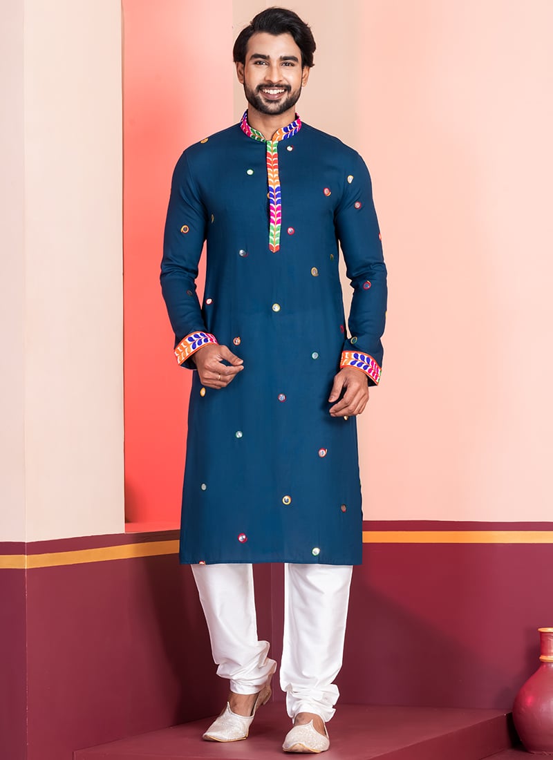 Teal Rayon Kutch Work Kurta Pyjama Festive Wear